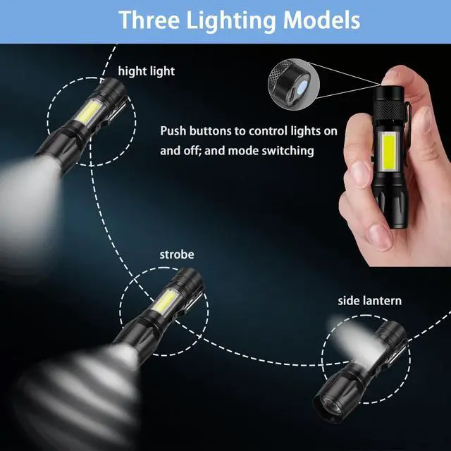 Alt view image 2 of 6 - Rechargeable Handheld Flashlights Portable Mini Pocket Super Bright Flash Light Strong LED Flash Light with Side COB Work Light for Camping Hiking Home Outdoor (Black)
