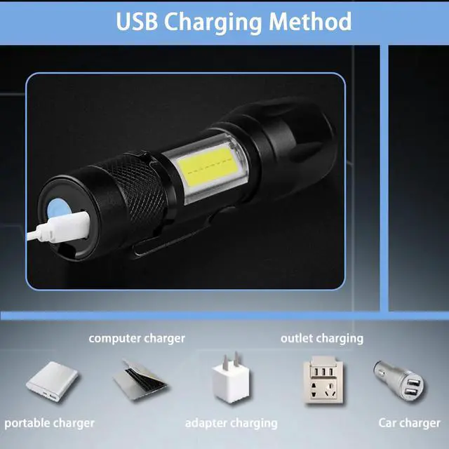 Alt view image 4 of 6 - Rechargeable Handheld Flashlights Portable Mini Pocket Super Bright Flash Light Strong LED Flash Light with Side COB Work Light for Camping Hiking Home Outdoor (Black)