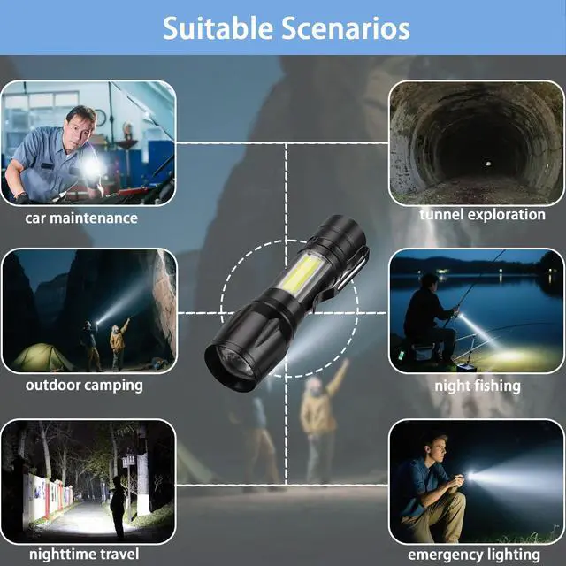 Alt view image 5 of 6 - Rechargeable Handheld Flashlights Portable Mini Pocket Super Bright Flash Light Strong LED Flash Light with Side COB Work Light for Camping Hiking Home Outdoor (Black)