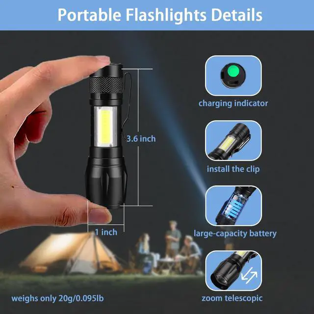 Alt view image 6 of 6 - Rechargeable Handheld Flashlights Portable Mini Pocket Super Bright Flash Light Strong LED Flash Light with Side COB Work Light for Camping Hiking Home Outdoor (Black)