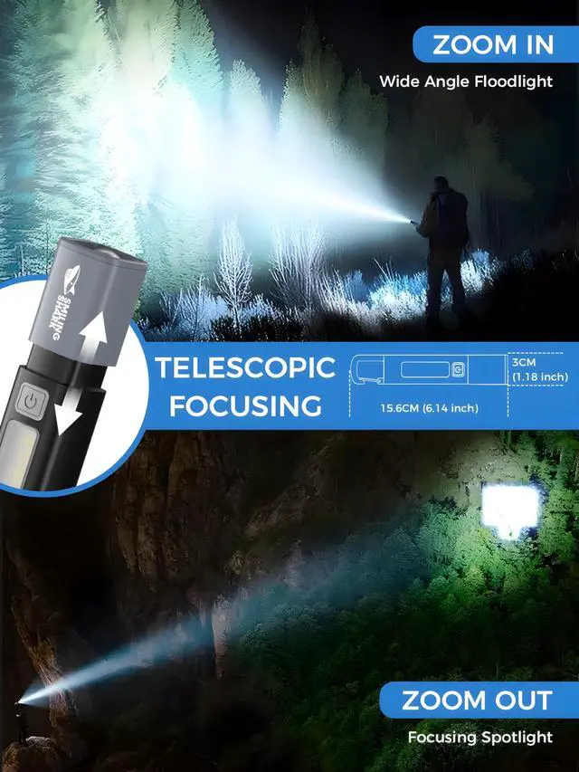Alt view image 6 of 7 - 1200mAh Portable Torch LED Work Light, COB Side G1 Flash Light, 3 Modes Zoomable Focus White Waterproof Powerful Super Bright EDC, Outdoor Emergency, Mini-Rechargeable, Camping Flashlight (1, Black)