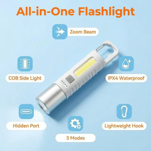 Alt view image 2 of 6 - Rechargeable Flashlight Camping Light: Ultra Bright COB Side Light LED Light with Adjustable Focal Length 5-Mode Perfect for Emergency, Hunting & Camping, IPX4 Waterproof (1)