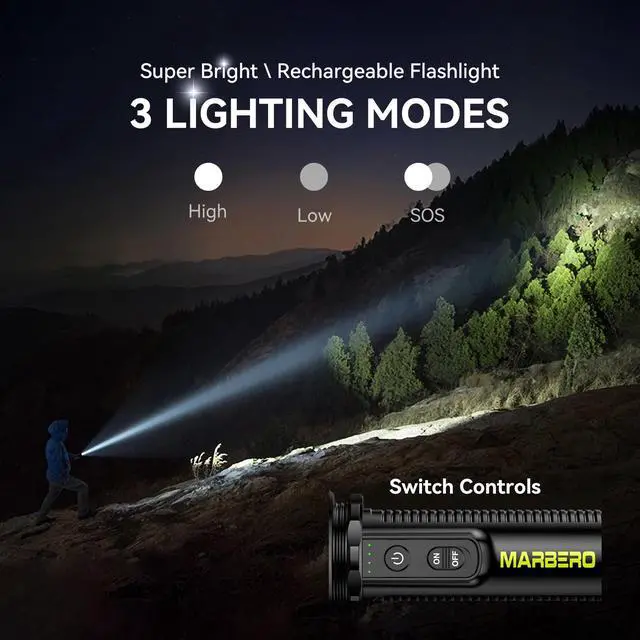 Alt view image 2 of 7 - Rechargeable Flashlight High Lumens with 4000mAh Battery Focused Beam Super Bright LED Powerful Flashlight 3 Modes Tactical Compact Portable Flashlight