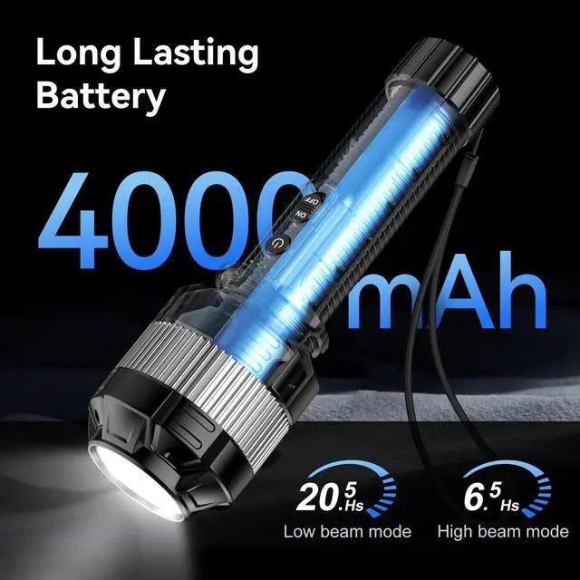 Alt view image 3 of 7 - Rechargeable Flashlight High Lumens with 4000mAh Battery Focused Beam Super Bright LED Powerful Flashlight 3 Modes Tactical Compact Portable Flashlight