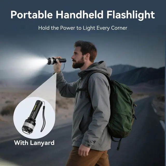 Alt view image 6 of 7 - Rechargeable Flashlight High Lumens with 4000mAh Battery Focused Beam Super Bright LED Powerful Flashlight 3 Modes Tactical Compact Portable Flashlight