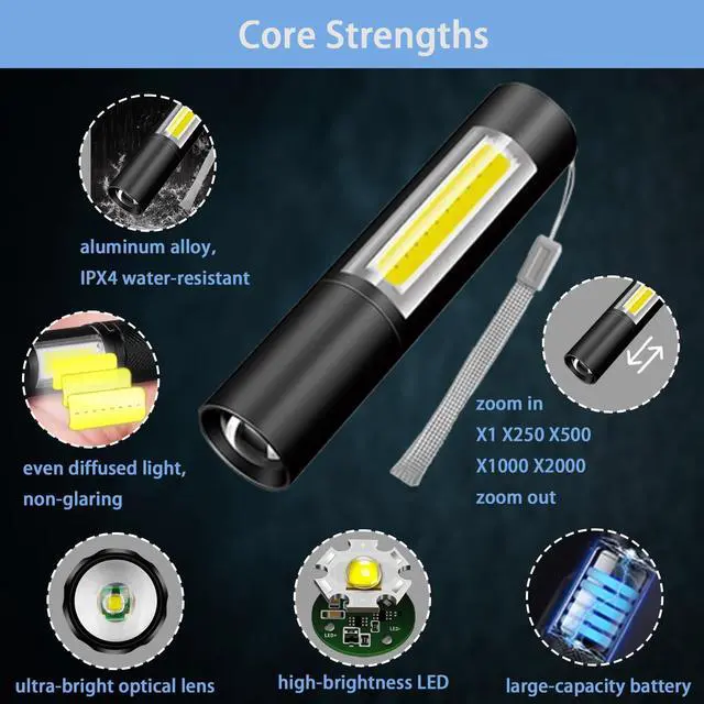 Alt view image 2 of 7 - Rechargeable Mini Handheld Flashlights Portable Pocket Super Bright Flashlight Strong LED Flash Light with Side Light for Home Outdoor Emergency (Black)