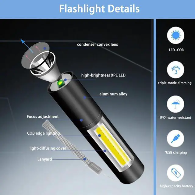 Alt view image 5 of 7 - Rechargeable Mini Handheld Flashlights Portable Pocket Super Bright Flashlight Strong LED Flash Light with Side Light for Home Outdoor Emergency (Black)
