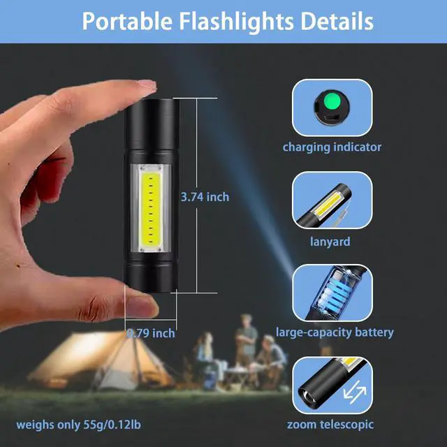 Alt view image 7 of 7 - Rechargeable Mini Handheld Flashlights Portable Pocket Super Bright Flashlight Strong LED Flash Light with Side Light for Home Outdoor Emergency (Black)