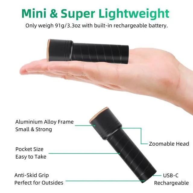 Alt view image 4 of 7 - 2 Small Rechargeable Flashlights USB-C, 4.1in Zoomable LED Flashlight High Lumen, Compact, Powerful, Portable LED Torch, Pocket-Size Bright Tactical Flashlight for Emergency, Camping, Hiking