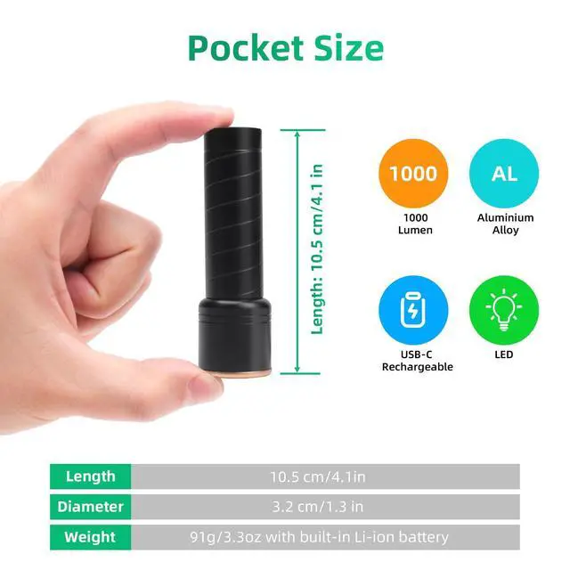 Alt view image 6 of 7 - 2 Small Rechargeable Flashlights USB-C, 4.1in Zoomable LED Flashlight High Lumen, Compact, Powerful, Portable LED Torch, Pocket-Size Bright Tactical Flashlight for Emergency, Camping, Hiking