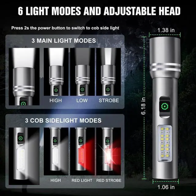 Alt view image 3 of 7 - Flashlight High Lumens Rechargeable, 3000 Lumen Super Bright Led Flashlights with 6 Light Modes, IPX6 Waterproof, Powerful Handheld Flash Light for Camping Home Emergencies 2 Pack