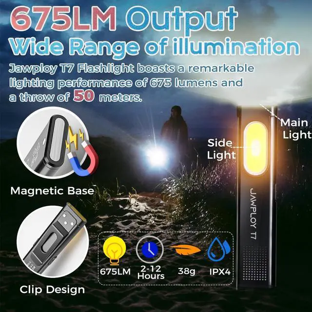 Alt view image 2 of 7 - Pocket Flashlight Rechargeable EDC Flashlight, 675LM, Dual Light Source with 7 Modes/Red & Blue Strobe, Clip-on Light, IPX4 Magnetic LED Flashlight for Emergency, Signaling/Cycling/Outdoor