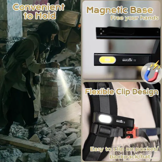 Alt view image 4 of 7 - Pocket Flashlight Rechargeable EDC Flashlight, 675LM, Dual Light Source with 7 Modes/Red & Blue Strobe, Clip-on Light, IPX4 Magnetic LED Flashlight for Emergency, Signaling/Cycling/Outdoor