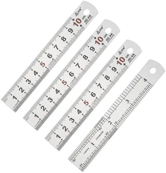 Main image of 10cm/4" Metal Straight Ruler, 4Pcs Stainless Steel Ruler Etching Process Inch Millimeter Graduations for Measuring Engineer Construction