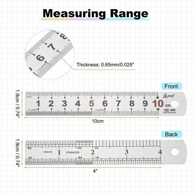 Alt view image 2 of 6 - 10cm/4" Metal Straight Ruler, 4Pcs Stainless Steel Ruler Etching Process Inch Millimeter Graduations for Measuring Engineer Construction