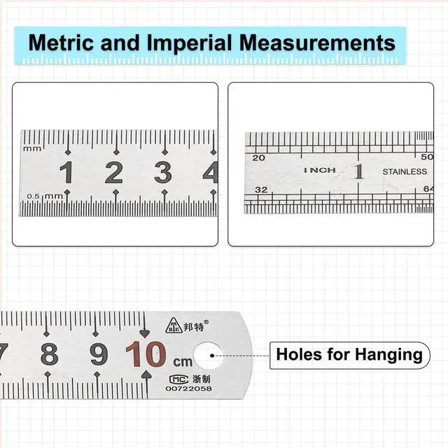Alt view image 3 of 6 - 10cm/4" Metal Straight Ruler, 4Pcs Stainless Steel Ruler Etching Process Inch Millimeter Graduations for Measuring Engineer Construction