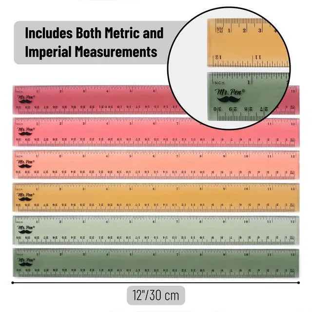 Alt view image 3 of 7 - Ruler, 12 inch Ruler, 6 Pack, Vintage Colors, Clear Rulers 12 Inch