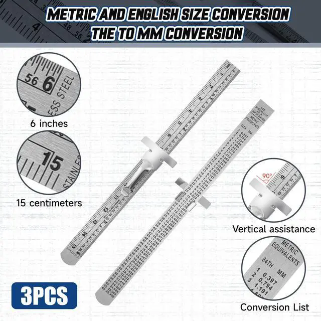 Alt view image 2 of 7 - 3 PCS Machinist Ruler, 6 Inch 15 Cm Pocket Ruler Flexible Precision Stainless Steel Ruler with Detachable Clips Imperial & Metric Graduations Steel Ruler Slide Rule for Engineering, School, Office