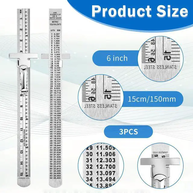 Alt view image 2 of 7 - 6 Pcs Metal Pocket Ruler 6 Inch - Stainless Steel Machinist Ruler with Detachable Clips - Slide Dual Scale Measurement Precision Rulers for School Office Engineering