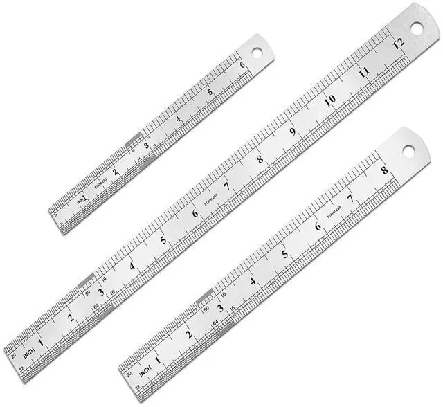 Main image of 3 Pack Stainless Steel Ruler Set, 6 Inch 8Inch & 12 Inch (15cm 20cm & 30cm) Double-Sided Scale Ruler, Metric and Imperial Dual Markings, Ideal for Drawing, Household, Office and Engineering Use