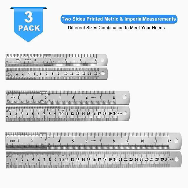 Alt view image 2 of 7 - 3 Pack Stainless Steel Ruler Set, 6 Inch 8Inch & 12 Inch (15cm 20cm & 30cm) Double-Sided Scale Ruler, Metric and Imperial Dual Markings, Ideal for Drawing, Household, Office and Engineering Use