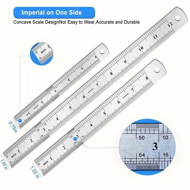 Alt view image 3 of 7 - 3 Pack Stainless Steel Ruler Set, 6 Inch 8Inch & 12 Inch (15cm 20cm & 30cm) Double-Sided Scale Ruler, Metric and Imperial Dual Markings, Ideal for Drawing, Household, Office and Engineering Use