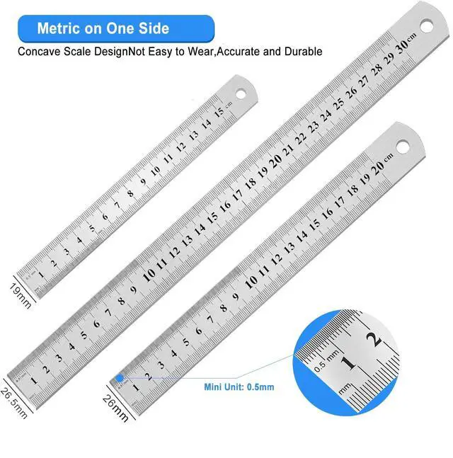 Alt view image 4 of 7 - 3 Pack Stainless Steel Ruler Set, 6 Inch 8Inch & 12 Inch (15cm 20cm & 30cm) Double-Sided Scale Ruler, Metric and Imperial Dual Markings, Ideal for Drawing, Household, Office and Engineering Use