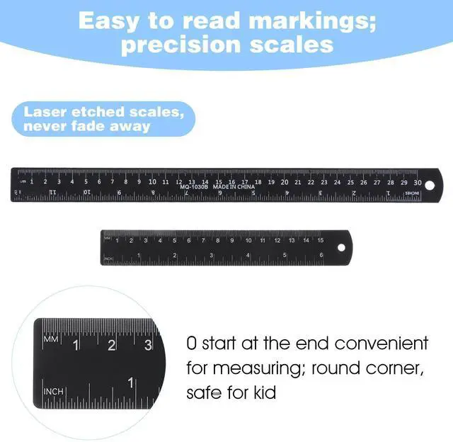 Alt view image 3 of 7 - 2 Pack Metal Ruler Set - Stainless Steel Ruler 6 Inch 12 Inch, Straight Edge, Rulers with Metric and Imperial for Drawing, Engineering, Sewing, School, Office Black
