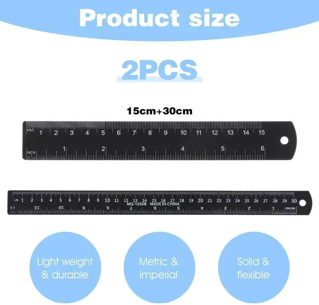 Alt view image 2 of 7 - 2 Pack Metal Ruler Set - Stainless Steel Ruler 6 Inch 12 Inch, Straight Edge, Rulers with Metric and Imperial for Drawing, Engineering, Sewing, School, Office Black