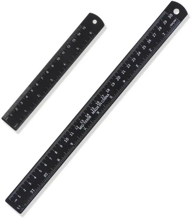 Main image of 2 Pack Metal Ruler Set - Stainless Steel Ruler 6 Inch 12 Inch, Straight Edge, Rulers with Metric and Imperial for Drawing, Engineering, Sewing, School, Office Black