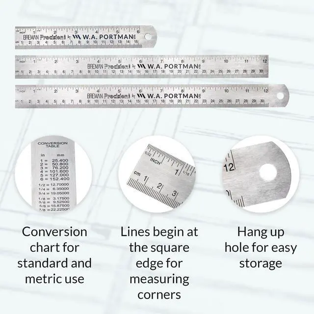 Alt view image 2 of 7 - Metal Ruler Set 3-Pack Stainless Steel Metric Ruler Set 1pc 6 Inch & 2pc 12 Inch Metal Straight Edge for Measuring, Drawing, Engineering & DIY Projects