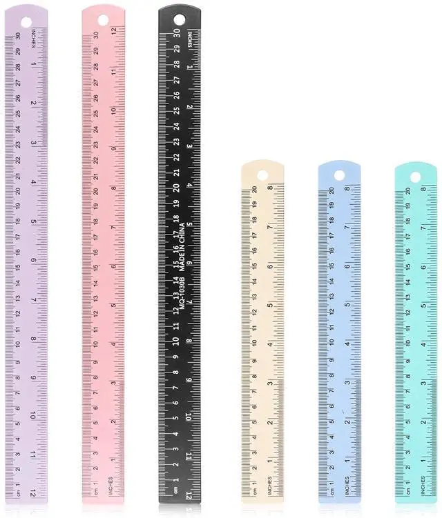 Main image of 6 Pcs Metal Ruler 12 Inch and 6 Inch Stainless Steel Ruler Kit Colorful Metal Rule Kit with Millimeters, Centimeters, Inches and Conversion Table Metric Rule Set for Office, Easy to Read