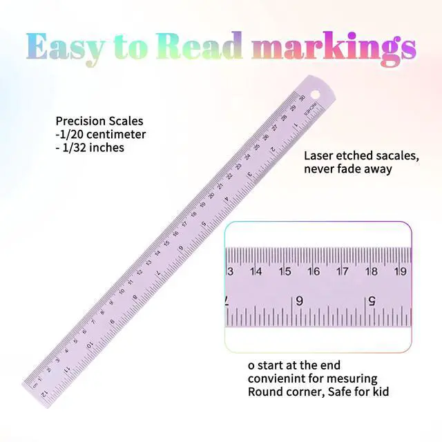 Alt view image 2 of 7 - 6 Pcs Metal Ruler 12 Inch and 6 Inch Stainless Steel Ruler Kit Colorful Metal Rule Kit with Millimeters, Centimeters, Inches and Conversion Table Metric Rule Set for Office, Easy to Read