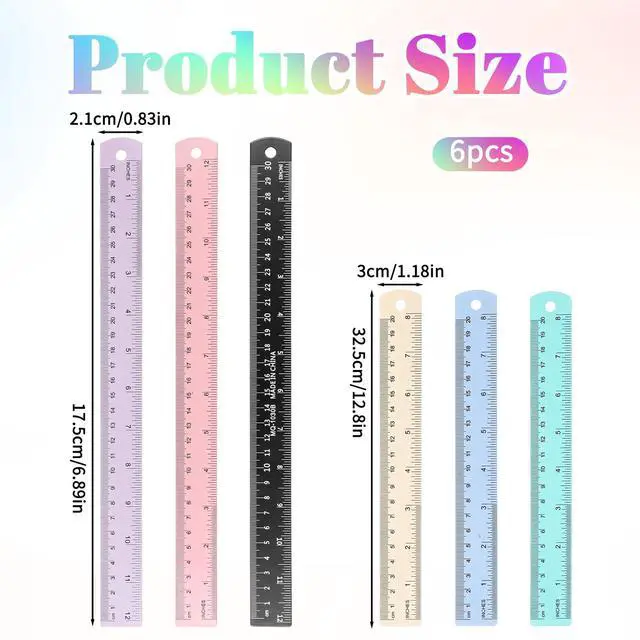 Alt view image 3 of 7 - 6 Pcs Metal Ruler 12 Inch and 6 Inch Stainless Steel Ruler Kit Colorful Metal Rule Kit with Millimeters, Centimeters, Inches and Conversion Table Metric Rule Set for Office, Easy to Read