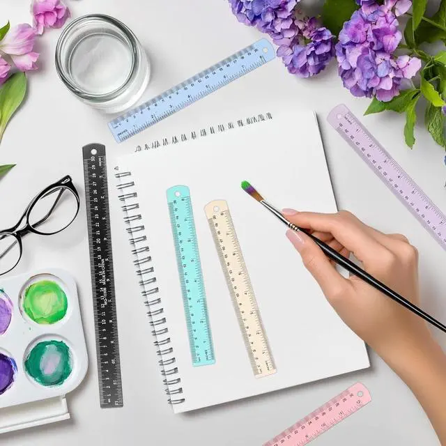Alt view image 6 of 7 - 6 Pcs Metal Ruler 12 Inch and 6 Inch Stainless Steel Ruler Kit Colorful Metal Rule Kit with Millimeters, Centimeters, Inches and Conversion Table Metric Rule Set for Office, Easy to Read