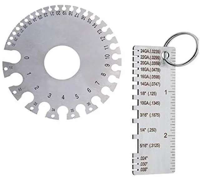 Main image of 2 Pack Stainless Steel Welding Gauge, Metal Welding Gage Plated Size Inspection Tool, Wire Sizes Thickness Gauge + Round Dual-Sided Wire Cable Sheet Gage Standard Thickness Metal Gauge