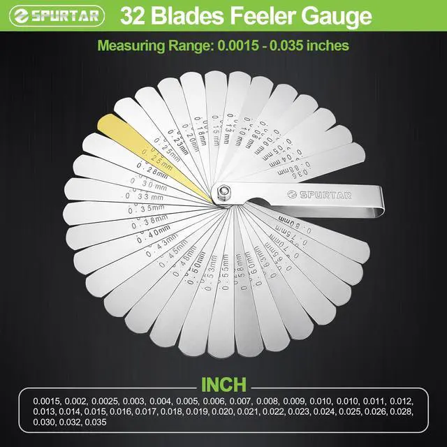 Alt view image 2 of 7 - Feeler Gauges 0.0015-0.035'' (0.04-0.88 mm) 32 Blades Feeler Gauge Set Stainless Steel Dual Marked SAE and Metric for Measuring Gap Width and Thickness for Guitar, Spark Plug, Piston, Valve
