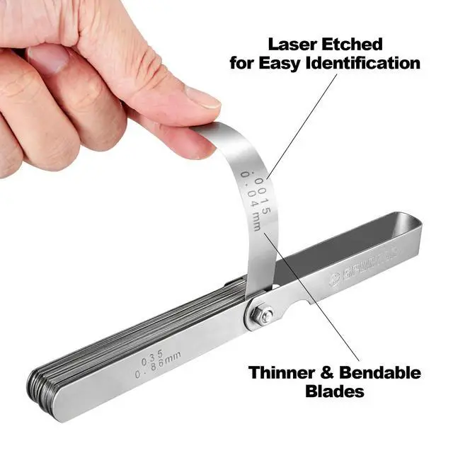Alt view image 4 of 7 - Feeler Gauges 0.0015-0.035'' (0.04-0.88 mm) 32 Blades Feeler Gauge Set Stainless Steel Dual Marked SAE and Metric for Measuring Gap Width and Thickness for Guitar, Spark Plug, Piston, Valve