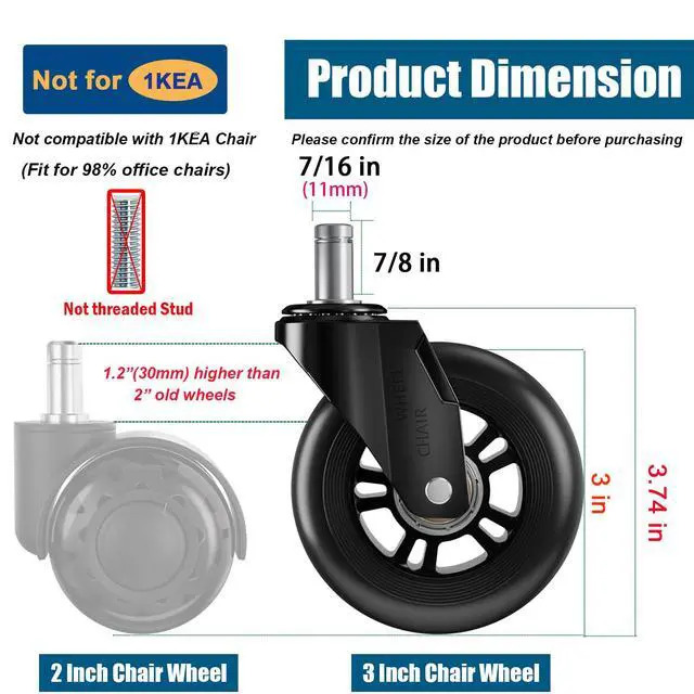 Alt view image 3 of 7 - Office Chair Wheels 3" Inch Roller Blade Rubber Chair Casters Replacement, Heavy Duty Quiet No Scratch Gaming Chair Wheel for Hardwood Floor Carpet, Set of 5, 11mm Universal Fit/Not for 1KEA