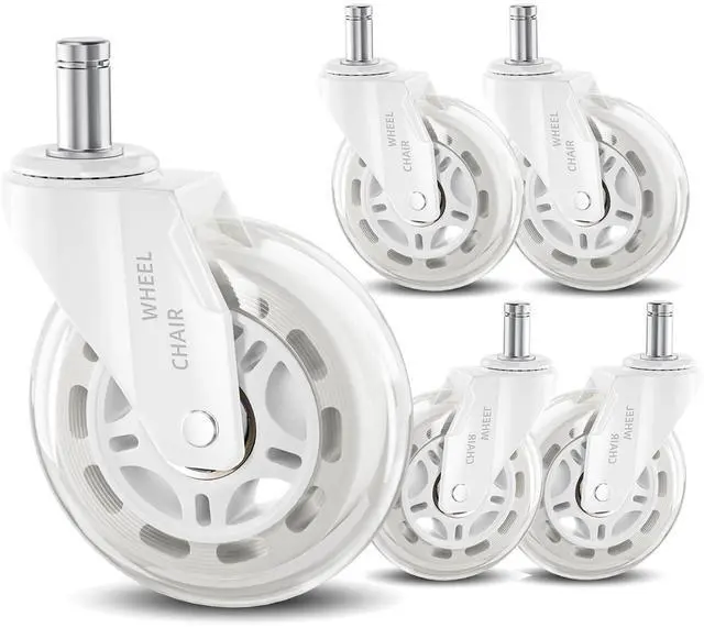 Main image of White Office Chair Wheels 3" Roller Blade Rubber Chair Casters Replacement, Heavy Duty Quiet No Scratch Gaming Chair Wheel for Hardwood Floor Carpet, Set of 5, 11mm Universal Fit/Not Fit 1KEA