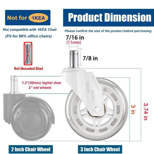 Alt view image 3 of 7 - White Office Chair Wheels 3" Roller Blade Rubber Chair Casters Replacement, Heavy Duty Quiet No Scratch Gaming Chair Wheel for Hardwood Floor Carpet, Set of 5, 11mm Universal Fit/Not Fit 1KEA