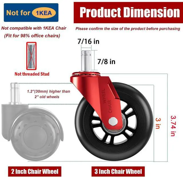 Alt view image 3 of 7 - Red Office Chair Wheels 3" Roller Blade Rubber Chair Casters Replacement, Heavy Duty Quiet No Scratch Gaming Chair Wheel for Hardwood Floor Carpet, Set of 5, 11mm Universal Fit/Not for 1KEA