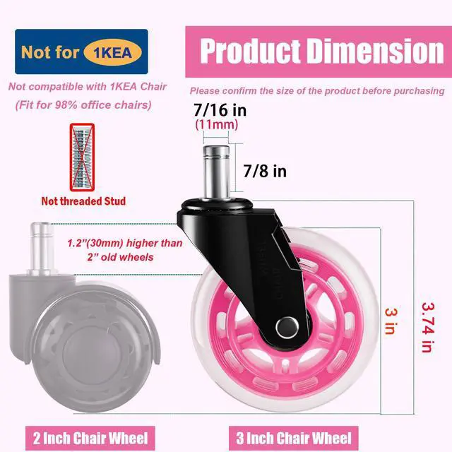 Alt view image 3 of 7 - Pink Office Chair Wheels 3" Roller Blade Rubber Chair Casters Replacement, Heavy Duty Quiet No Scratch Gaming Chair Wheel for Hardwood Floor Carpet, Set of 5, 11mm Universal Fit/Not for 1KEA