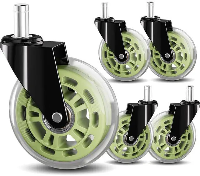 Main image of Green Office Chair Wheels 3" Roller Blade Rubber Chair Casters Replacement, Heavy Duty Quiet No Scratch Gaming Chair Wheel for Hardwood Floor Carpet, Set of 5, 11mm Universal Fit/Not for 1KEA