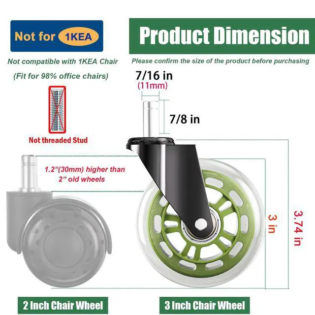 Alt view image 3 of 7 - Green Office Chair Wheels 3" Roller Blade Rubber Chair Casters Replacement, Heavy Duty Quiet No Scratch Gaming Chair Wheel for Hardwood Floor Carpet, Set of 5, 11mm Universal Fit/Not for 1KEA