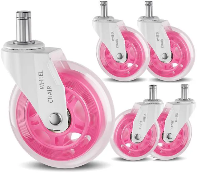 Main image of Pink Office Chair Wheels 3" Roller Blade Rubber Chair Casters Replacement, Heavy Duty Quiet No Scratch Gaming Chair Wheel for Hardwood Floor Carpet, Set of 5, 11mm Universal Fit/Not Fit 1KEA
