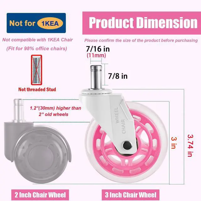 Alt view image 3 of 7 - Pink Office Chair Wheels 3" Roller Blade Rubber Chair Casters Replacement, Heavy Duty Quiet No Scratch Gaming Chair Wheel for Hardwood Floor Carpet, Set of 5, 11mm Universal Fit/Not Fit 1KEA
