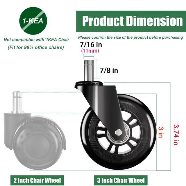 Alt view image 3 of 7 - Office Chair Wheels 3 Inch Roller Blade Rubber Chair Casters Replacement, Heavy Duty Quiet No Scratch Gaming Chair Wheel for Hardwood Floor Carpet, Set of 5, 11mm Universal Fit/Not for 1KEA