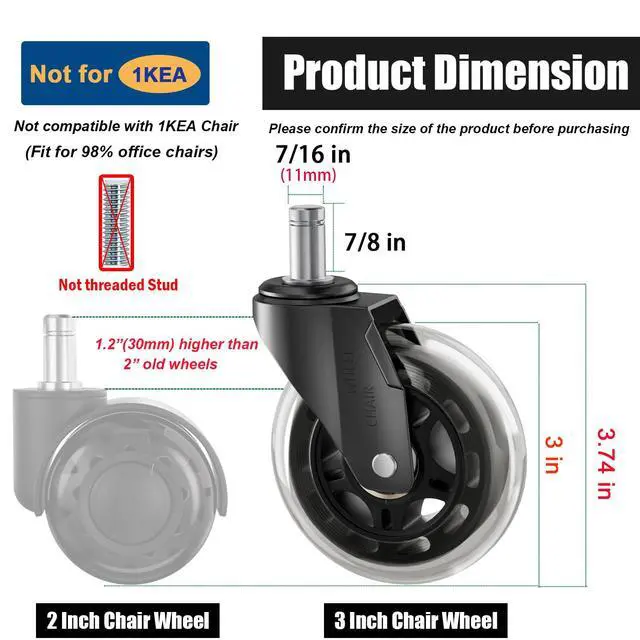 Alt view image 3 of 7 - Office Chair Wheels 3" Inch Roller Blade Rubber Chair Casters Replacement, Heavy Duty Quiet No Scratch Gaming Chair Wheel for Hardwood Floor Carpet, Set of 5, 11mm Universal Fit/Not Fit 1KEA