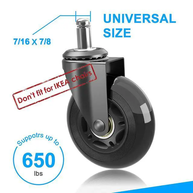 Alt view image 6 of 7 - 3" Office Chair Caster Wheels Standard Stem 7/16" Mute Rolling
